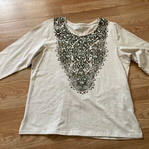 Allison Daley Cream Long-Sleeve Top Green Textured Front 3/4 Sleeves Size PL NWT